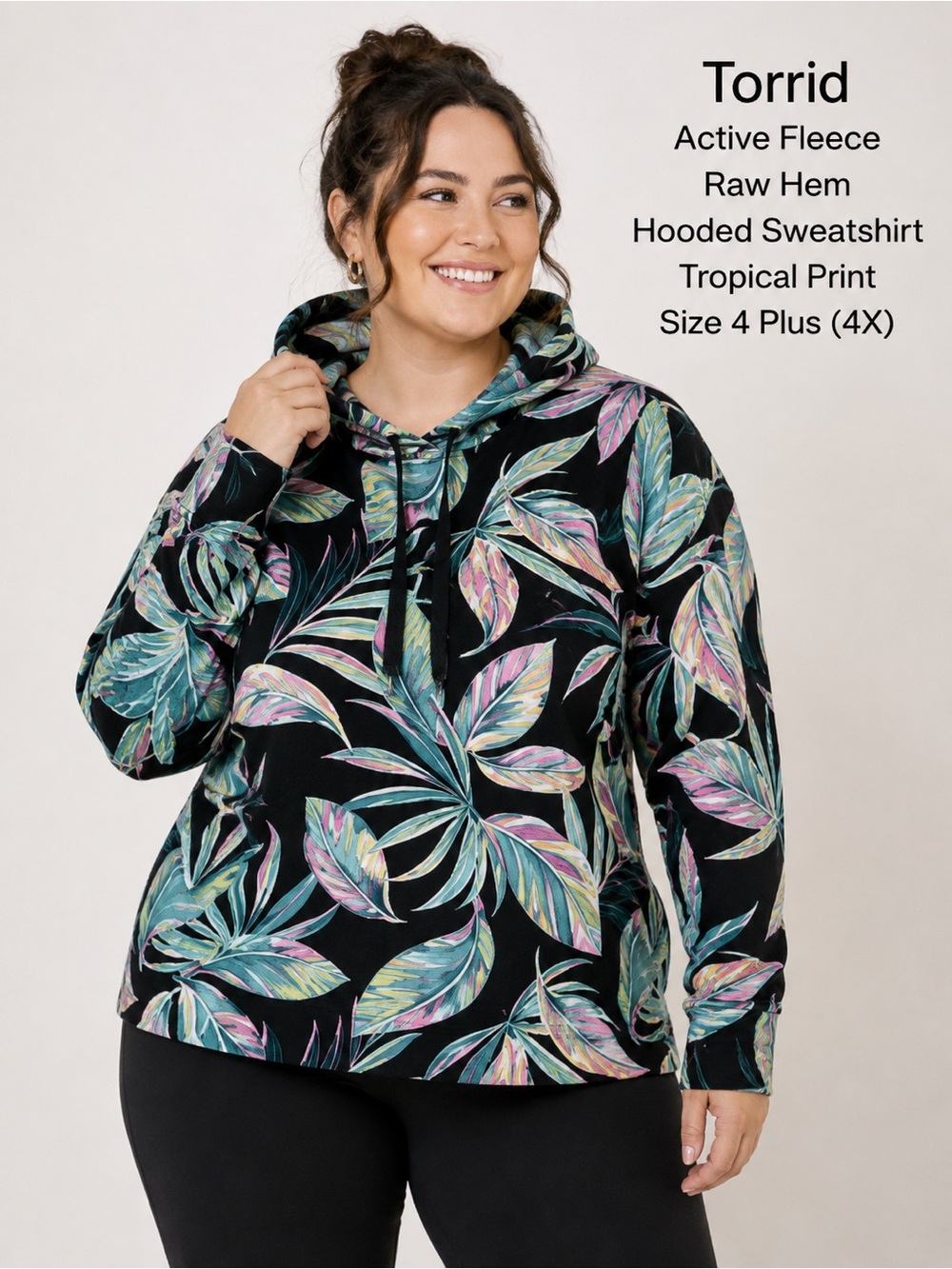 Torrid Active Fleece Raw Hem Hooded Sweatshirt - Tropical Print Size 4 Plus(4X)